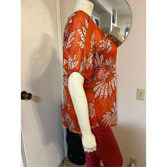 Diane von Fursenburg Flowy Floral Orange 100% Silk Butterfly Scoop Neck Lightwei - Picture 5 of 7